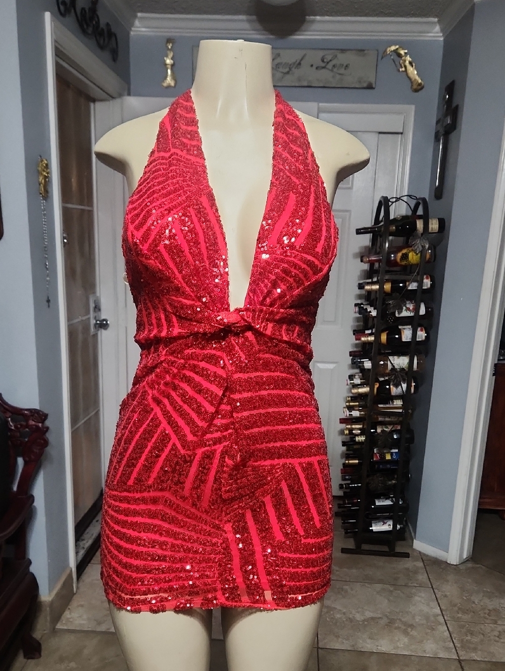 Rubber Ducky Productions, Inc. Red Sequin Halter Mini Dress